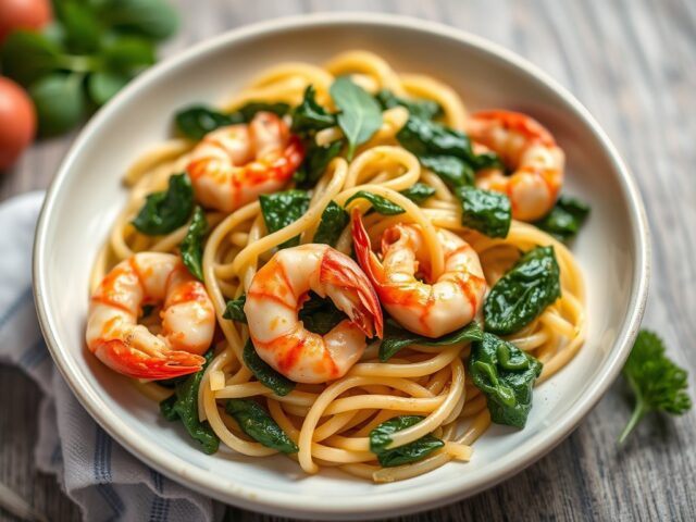 Penne met spinazie en scampi’s — AI-gegenereerde illustratie
