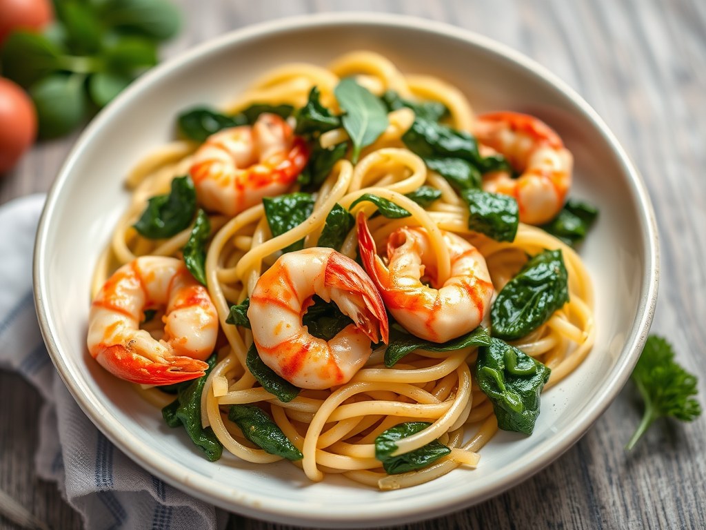 Penne met spinazie en scampi’s, AI-gegenereerde illustratie