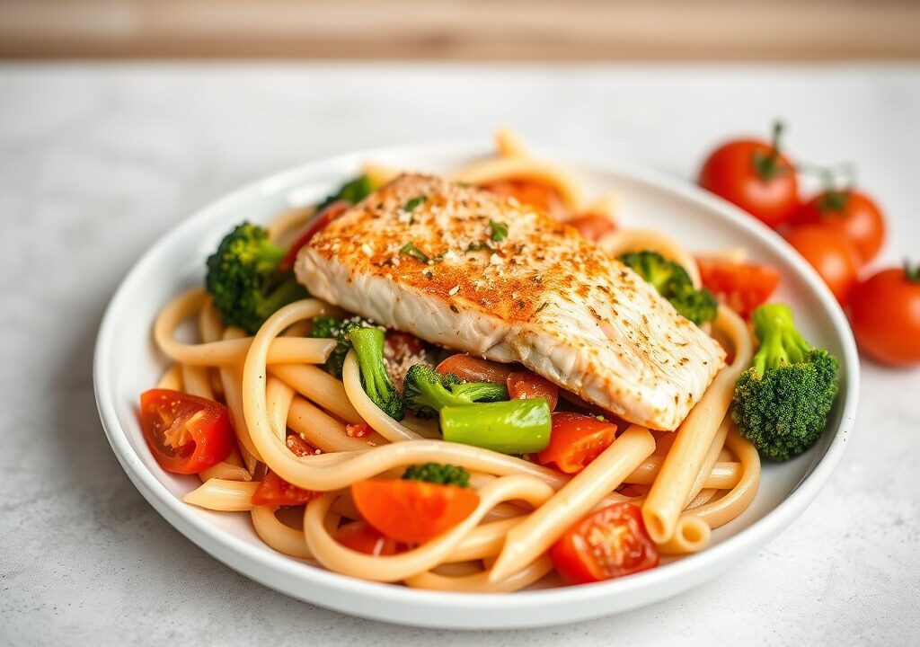 Penne pasta met broccoli en paprika met zalm en zongedroogde tomatensaus — AI-gegenereerde illustratie