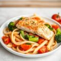 Penne pasta met broccoli en paprika met zalm en zongedroogde tomatensaus