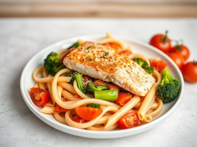 Penne pasta met broccoli en paprika met zalm en zongedroogde tomatensaus — AI-gegenereerde illustratie