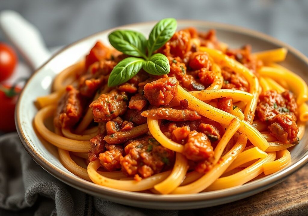 Penne Rigate met Zuid-Italiaanse Ragu, AI-gegenereerde illustratie