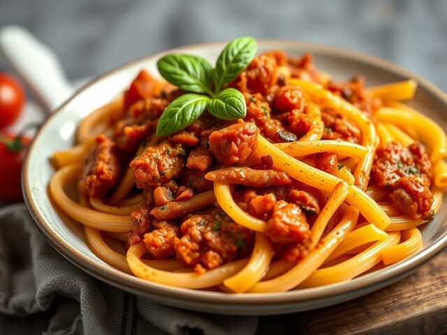 Penne Rigate met Zuid-Italiaanse Ragu — AI-gegenereerde illustratie
