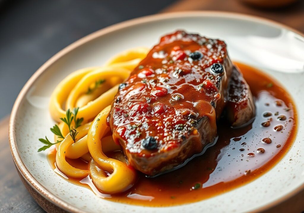 Pepersteak met lookmousseline, zoetzuur witloof en waterkers — AI-gegenereerde illustratie