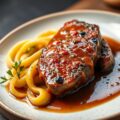 Pepersteak met lookmousseline, zoetzuur witloof en waterkers