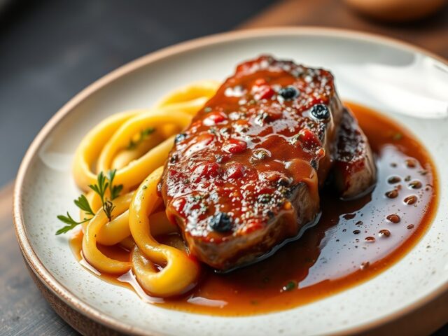 Pepersteak met lookmousseline, zoetzuur witloof en waterkers — AI-gegenereerde illustratie