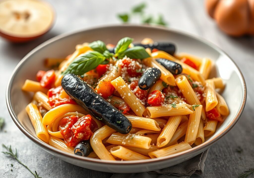 PerPasta alla Puttanesca met mediterrane groenten — AI-gegenereerde illustratie
