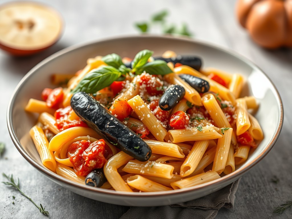 PerPasta alla Puttanesca met mediterrane groenten, AI-gegenereerde illustratie