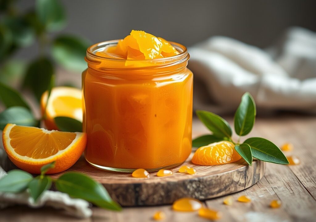 Perzik- sinaasappel-jam — AI-gegenereerde illustratie