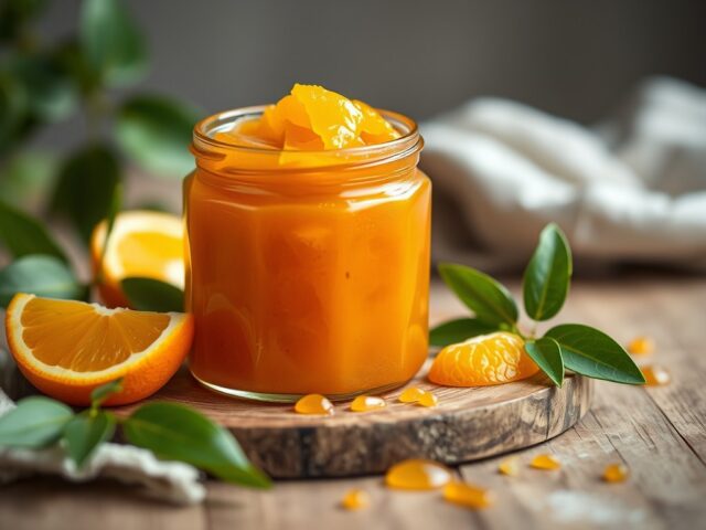 Perzik- sinaasappel-jam — AI-gegenereerde illustratie