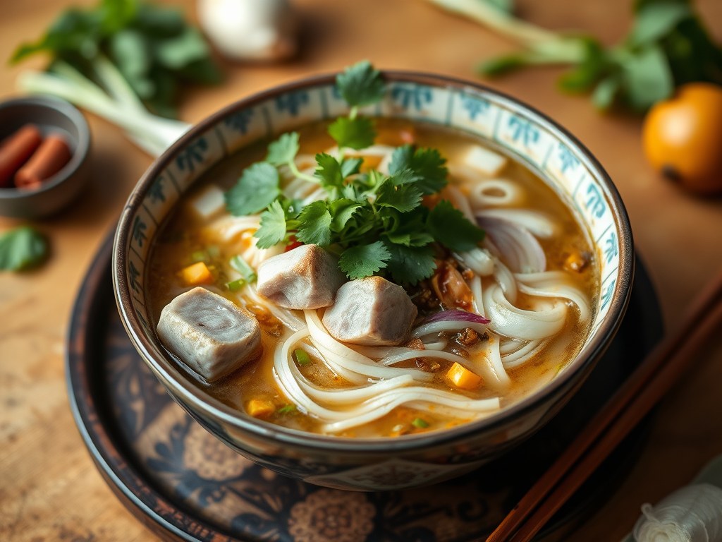 Pho Ga (Vietnamese Kippensoep met Rijstvermicelli), AI-gegenereerde illustratie