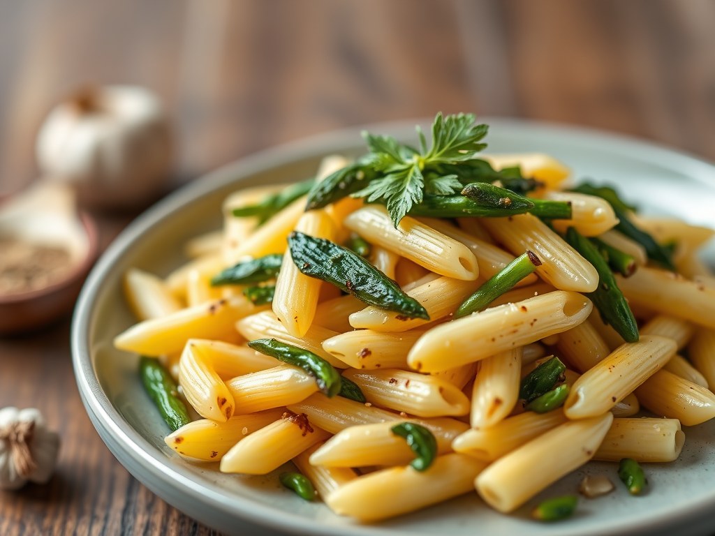 Pijpmacaroni met Gegrillde Groene Asperges, AI-gegenereerde illustratie