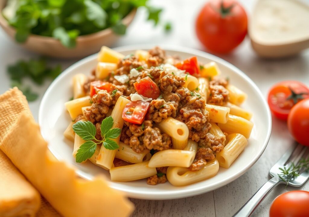 Pijpmacaroni met Gehakt- Kaas- Tomatensaus — AI-gegenereerde illustratie