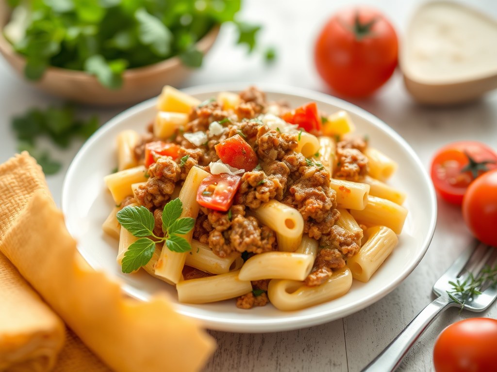 Pijpmacaroni met Gehakt- Kaas- Tomatensaus, AI-gegenereerde illustratie