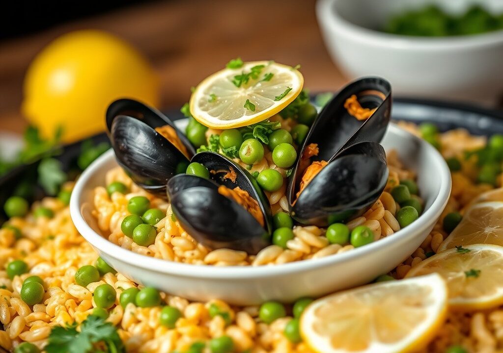 Pilav met mosselen op paella wijze, AI-gegenereerde illustratie