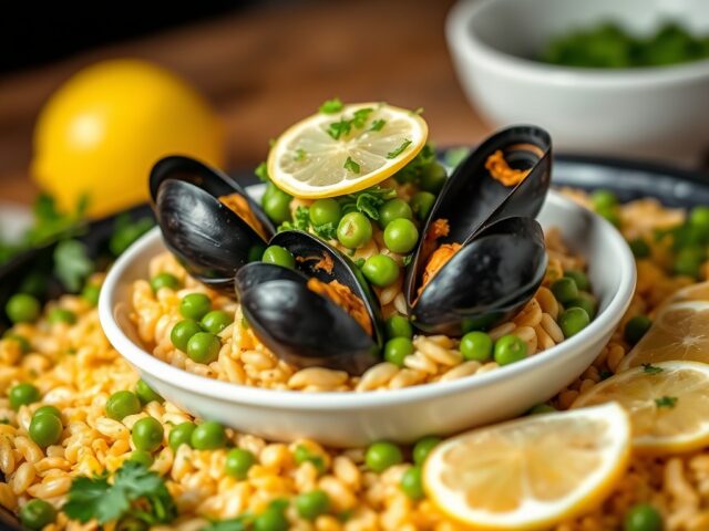 Pilav met mosselen op paella wijze — AI-gegenereerde illustratie