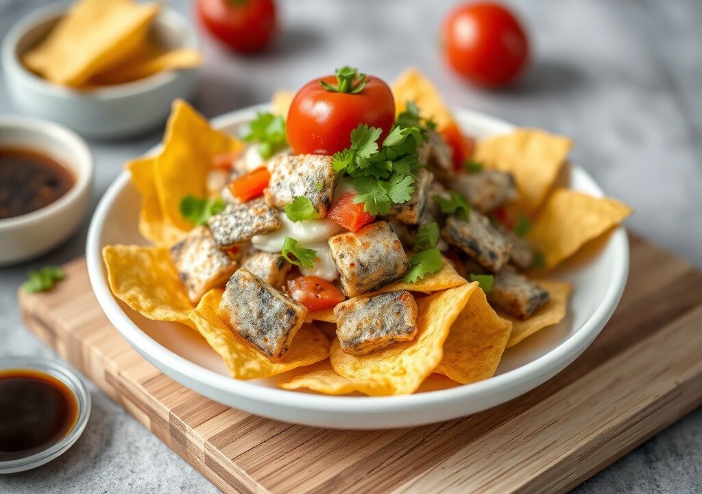 Piramide van nachochips met makreel — AI-gegenereerde illustratie