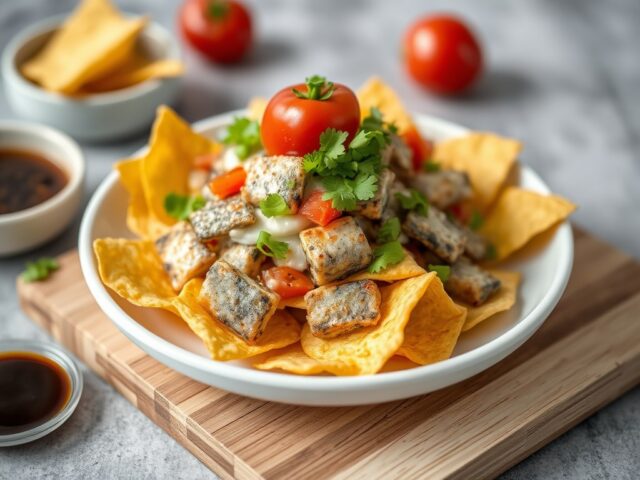 Piramide van nachochips met makreel — AI-gegenereerde illustratie