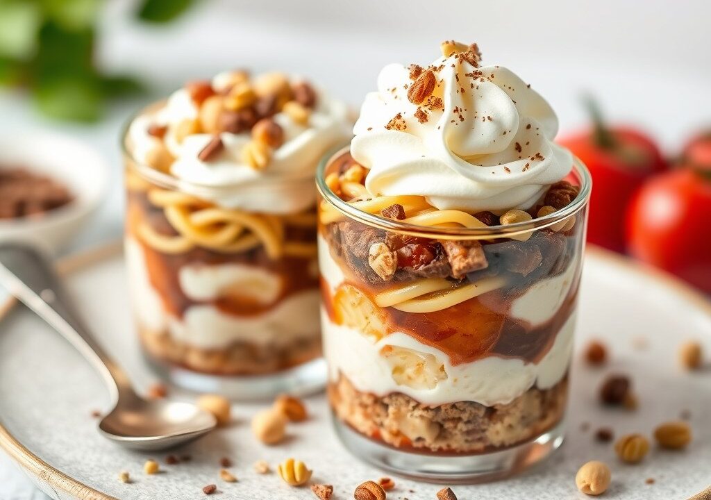 Pistachenotenparfait met sinaasappelcompote en chocolade, AI-gegenereerde illustratie