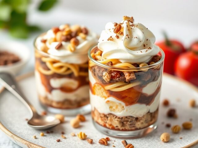 Pistachenotenparfait met sinaasappelcompote en chocolade — AI-gegenereerde illustratie