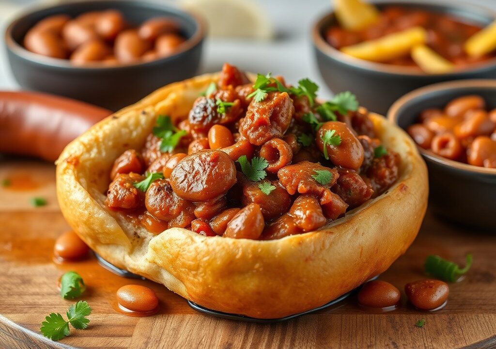 Pistolet baquet gevuld met knakworst en chili con carne, AI-gegenereerde illustratie