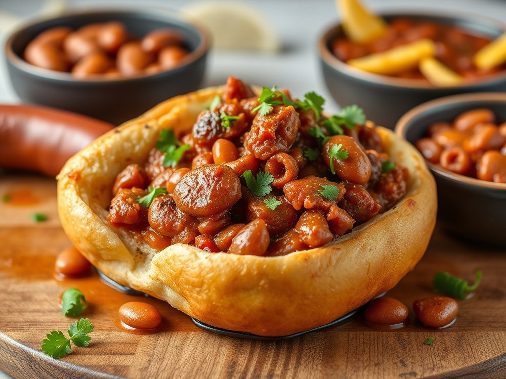 Pistolet baquet gevuld met knakworst en chili con carne, AI-gegenereerde illustratie