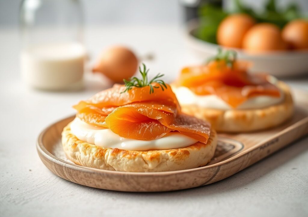 Pistolet met roerei en gerookte zalm, AI-gegenereerde illustratie