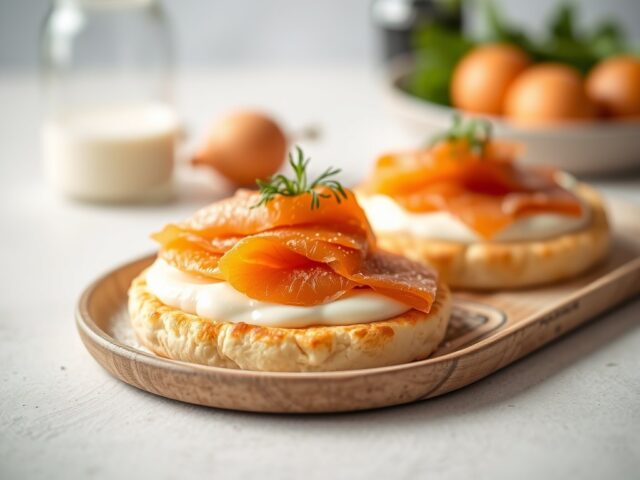 Pistolet met roerei en gerookte zalm — AI-gegenereerde illustratie