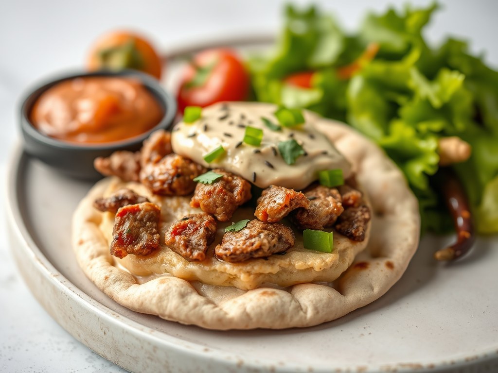 Pita met minuutsteak en humus, AI-gegenereerde illustratie
