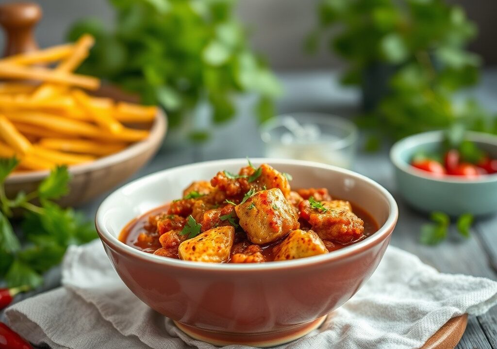 Pittige chili con pollo, AI-gegenereerde illustratie