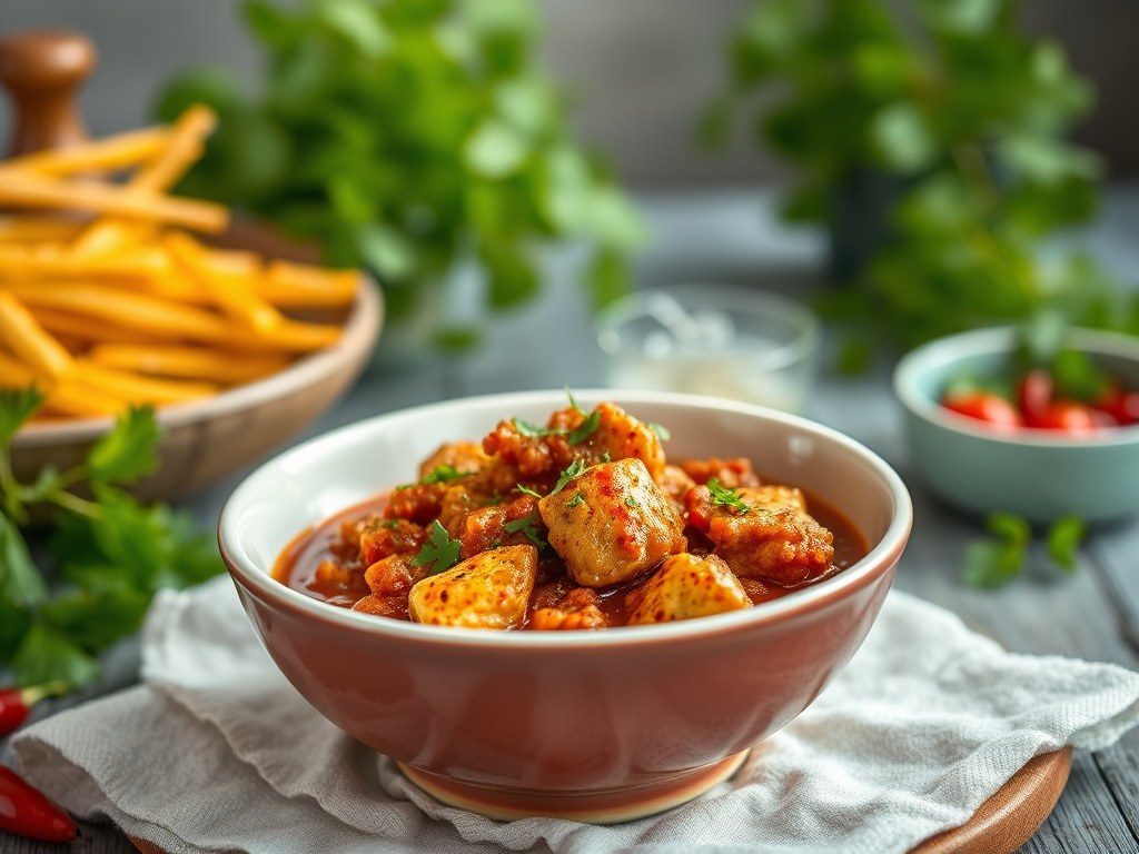 Pittige chili con pollo, AI-gegenereerde illustratie