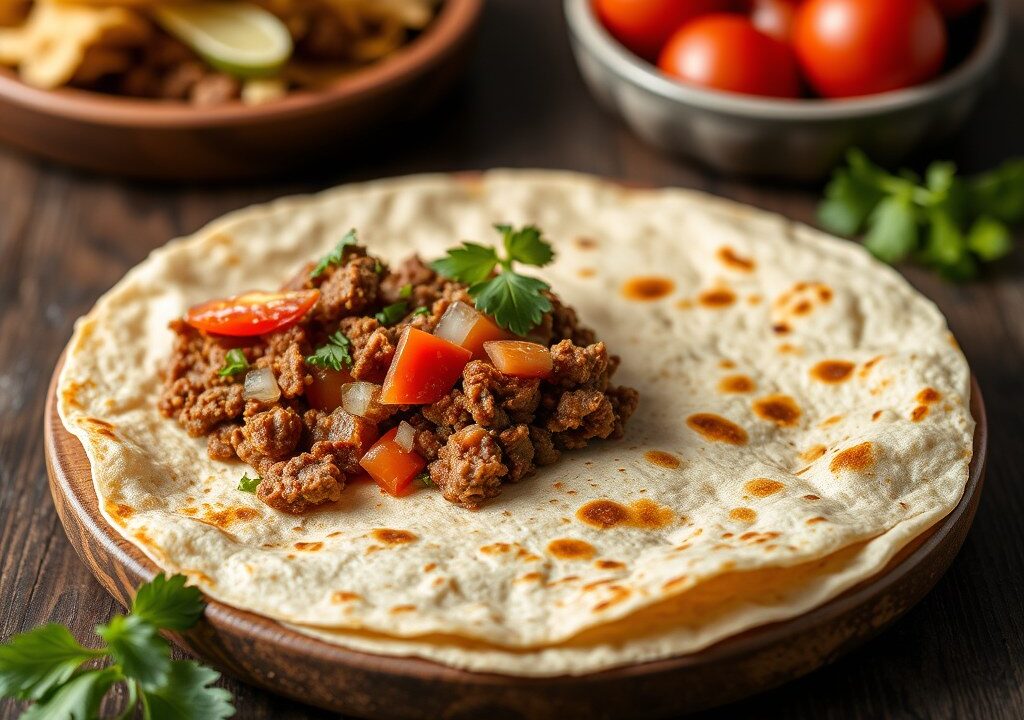 Pittige Mexicaanse tortillataart, AI-gegenereerde illustratie