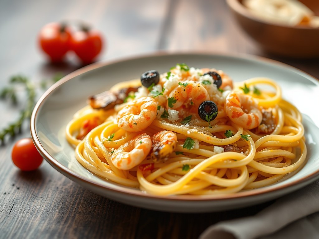 Pittige reuzenpasta met zeevruchten, AI-gegenereerde illustratie