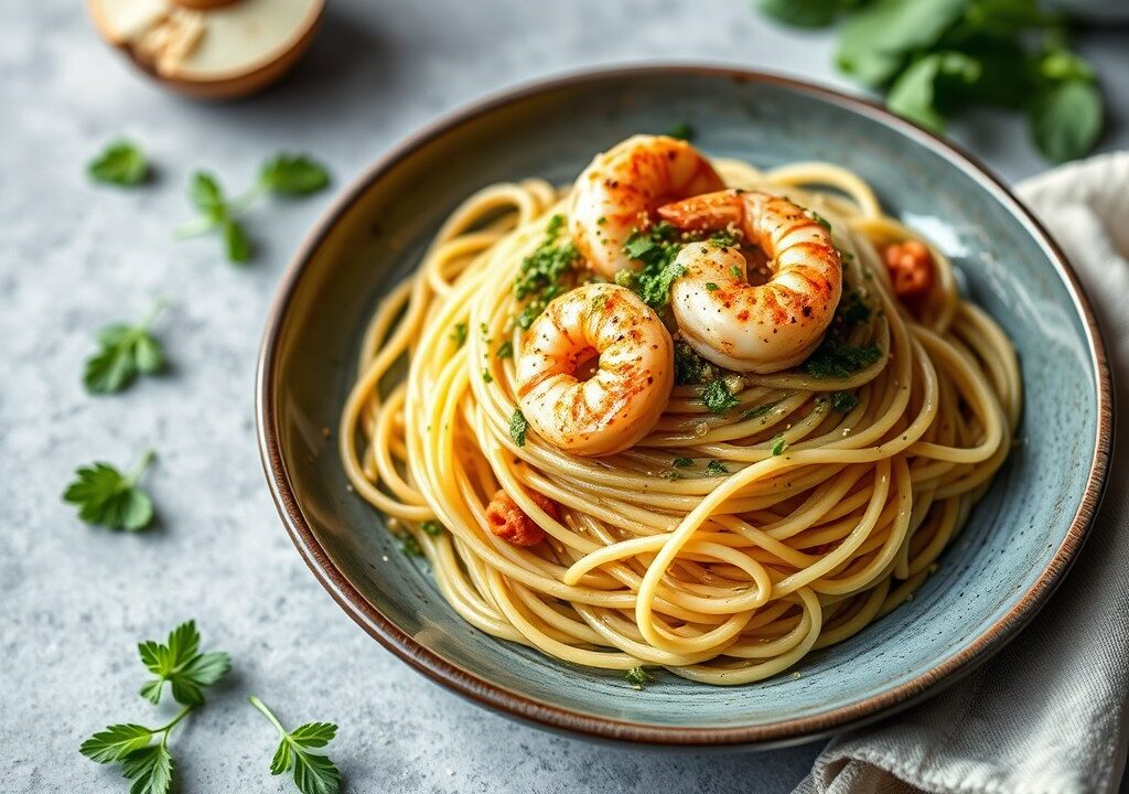 Pittige spaghetti met knoflookgarnalen en bosui-pesto, AI-gegenereerde illustratie