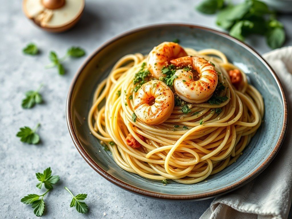 Pittige spaghetti met knoflookgarnalen en bosui-pesto, AI-gegenereerde illustratie
