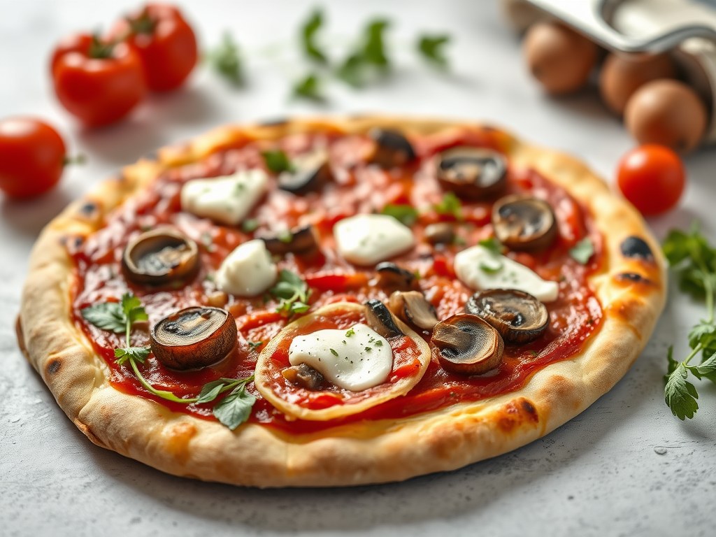 Pizza met boerenkool, champignons en ricotta, AI-gegenereerde illustratie