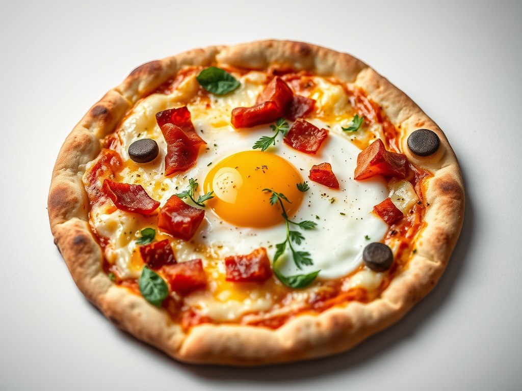 Pizza met ei, AI-gegenereerde illustratie