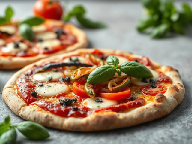 Pizza met scampi, ui en chilipepers — AI-gegenereerde illustratie
