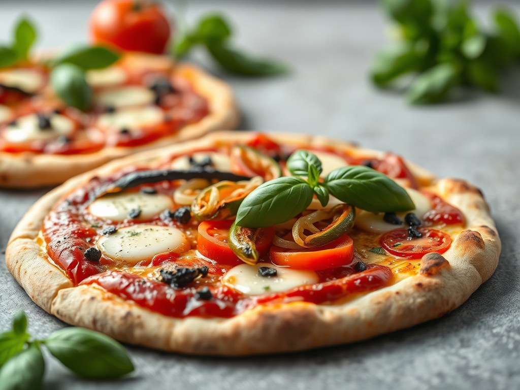 Pizza met scampi, ui en chilipepers, AI-gegenereerde illustratie