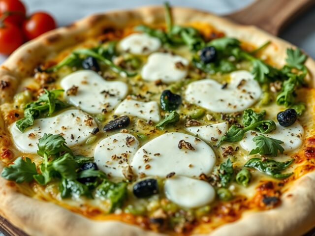 Pizza verde met milde geitenkaas — AI-gegenereerde illustratie