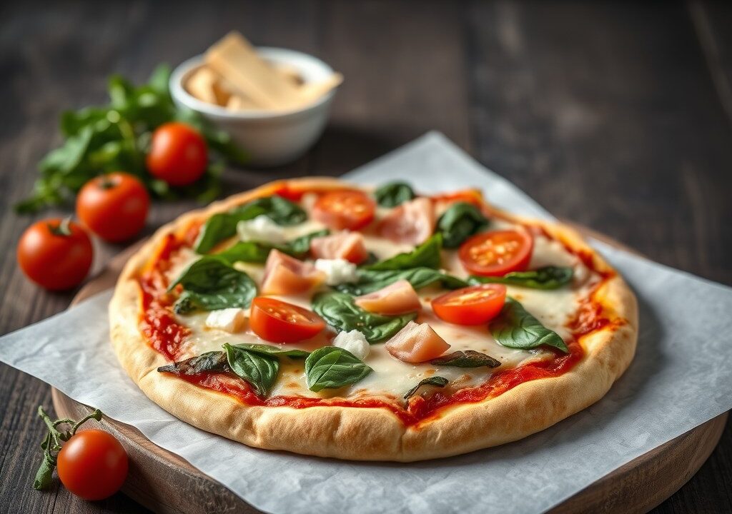 Plaatpizza met spinazie en ham, AI-gegenereerde illustratie
