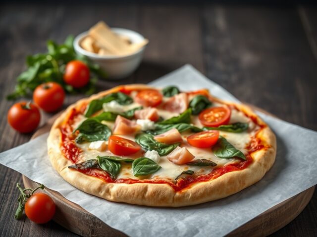Plaatpizza met spinazie en ham — AI-gegenereerde illustratie