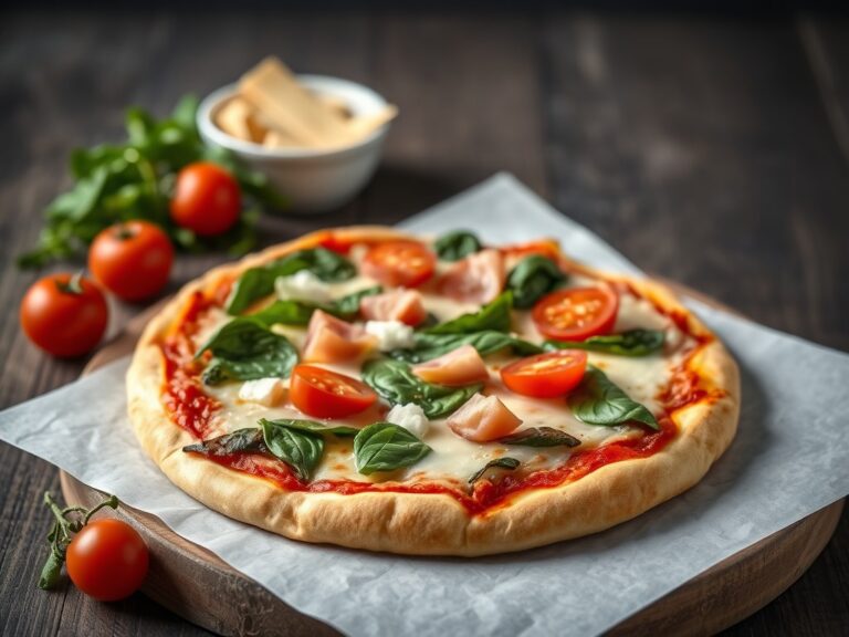 Plaatpizza met spinazie en ham — AI-gegenereerde illustratie
