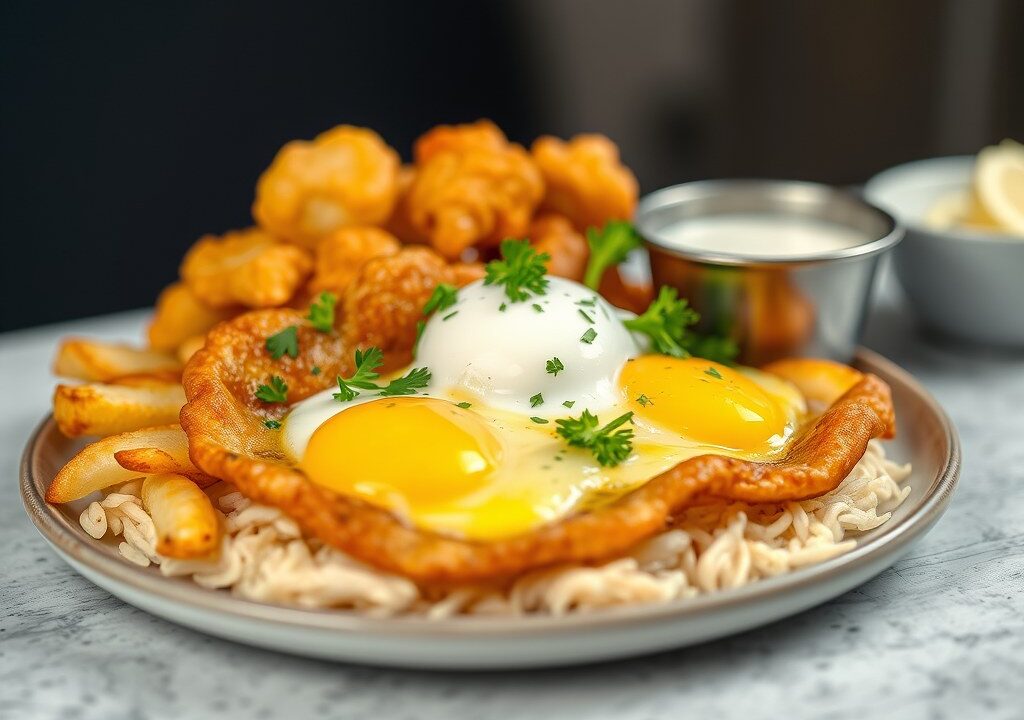 Pladijs gebakken op graat met friet en tartaar, AI-gegenereerde illustratie