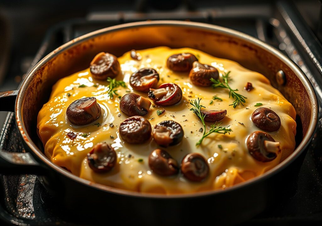 Pladijs in de oven met paddenstoelen — AI-gegenereerde illustratie