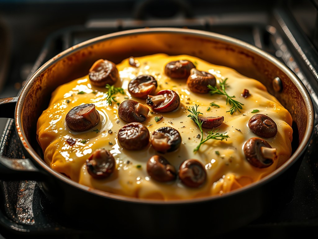Pladijs in de oven met paddenstoelen, AI-gegenereerde illustratie