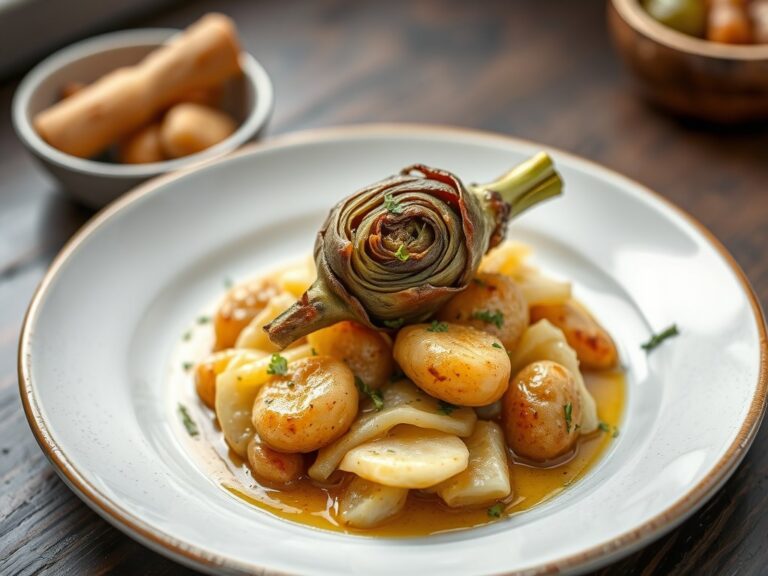 Pladijs met gewokte asperges en gegrilde artisjok — AI-gegenereerde illustratie