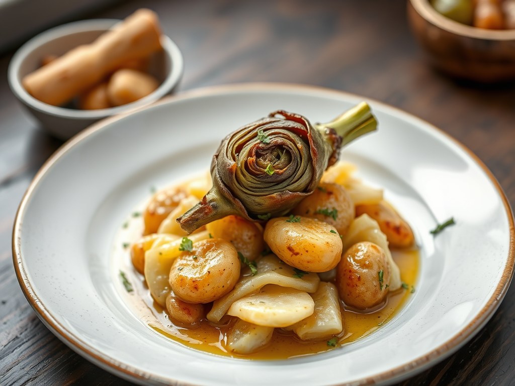Pladijs met gewokte asperges en gegrilde artisjok, AI-gegenereerde illustratie