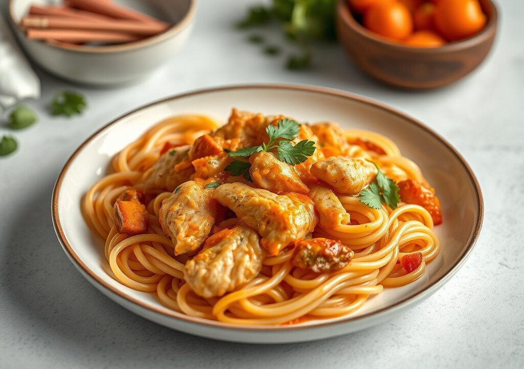 Platte Kip met Rode Curry, AI-gegenereerde illustratie