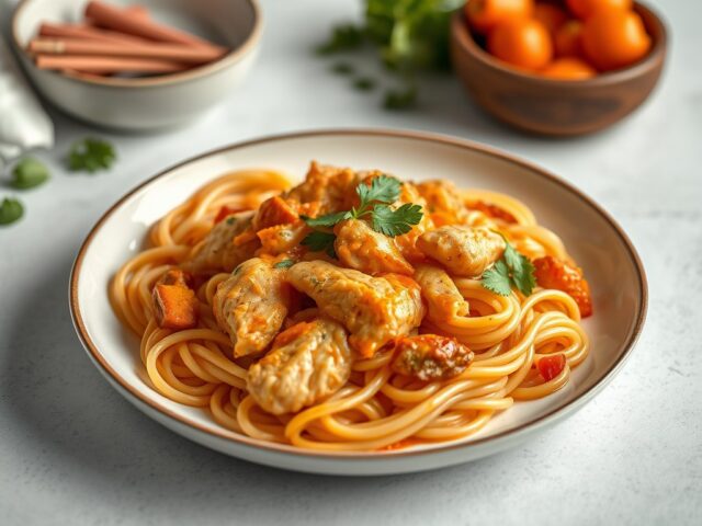 Platte Kip met Rode Curry — AI-gegenereerde illustratie